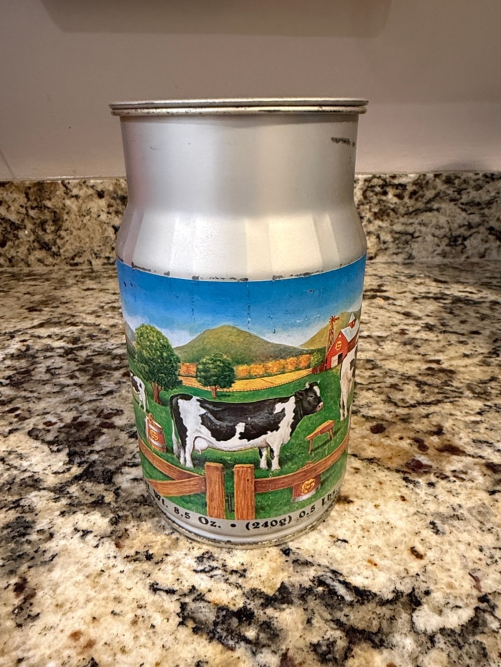 Vintage Farm Milk Canister with Cow Illustration - Blue & Green